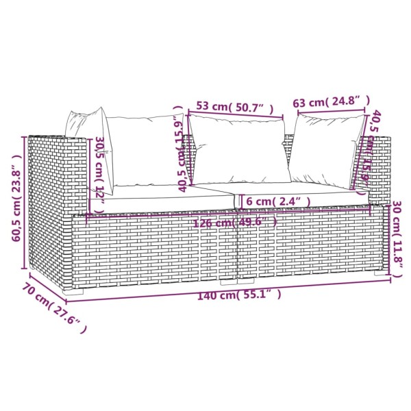 Set muebles de jardín 3 piezas y cojines ratán sintético marrón