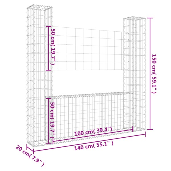 Cesta de gaviones forma de U 2 postes de hierro 140x20x150 cm