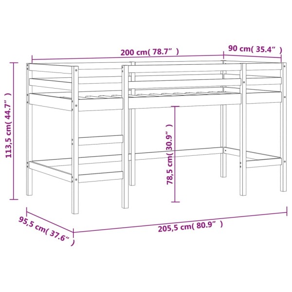 Cama alta de niños escalera madera maciza pino blanco 90x200 cm