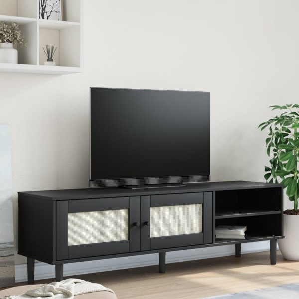 Mueble de TV SENJA aspecto ratán madera pino negro 158x40x49 cm