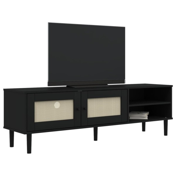 Mueble de TV SENJA aspecto ratán madera pino negro 158x40x49 cm