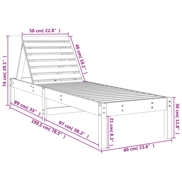 Tumbona de madera maciza de pino negra 199,5x60x74 cm