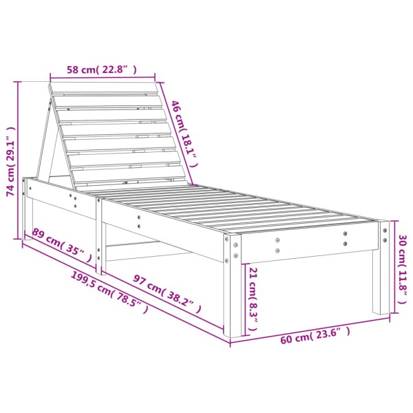 Tumbona de madera maciza de pino marrón miel 199,5x60x74 cm