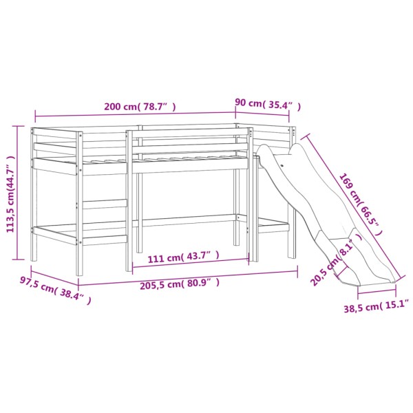 Cama alta de niños con tobogán madera maciza blanca 90x200 cm