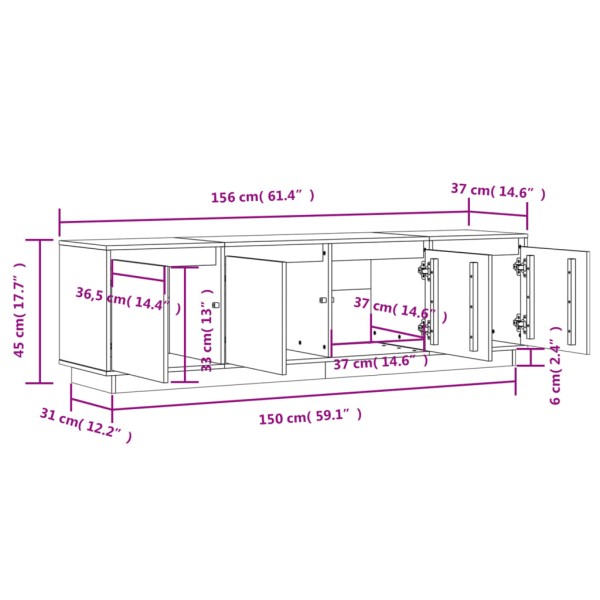 Mueble de TV de madera maciza de pino 156x37x45 cm