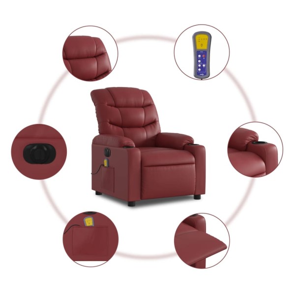 Sillón masaje reclinable eléctrico cuero sintético rojo tinto