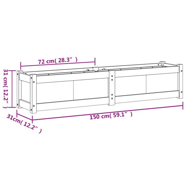 Jardinera de madera maciza de pino 150x31x31 cm