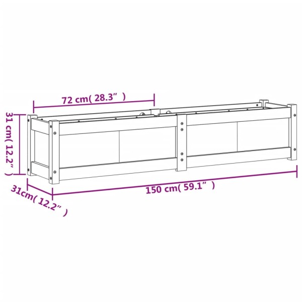 Jardinera de madera maciza de pino blanca 150x31x31 cm