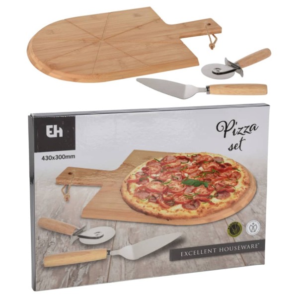 Excellent Houseware Set para pizza 3 piezas bambú 43x30 cm