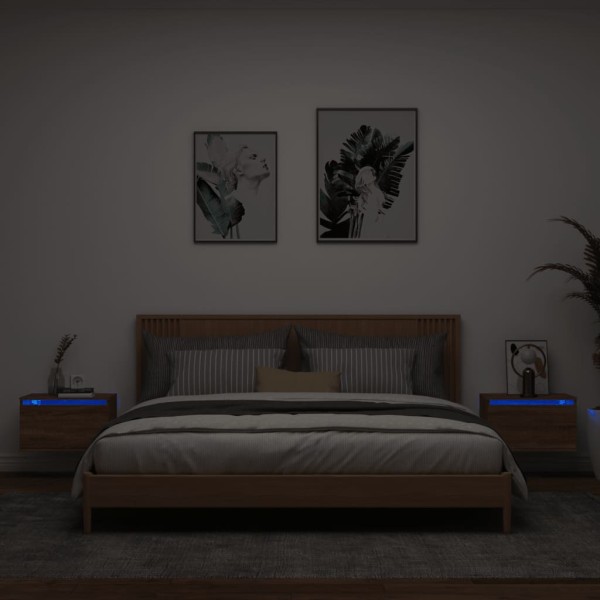 Mesitas de noche de pared con luces LED 2 unidades roble marrón