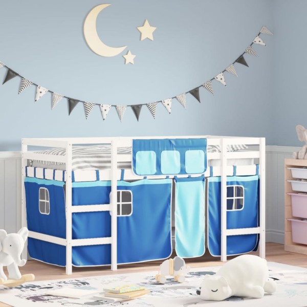 Cama alta para niños con cortinas madera pino azul 90x200 cm