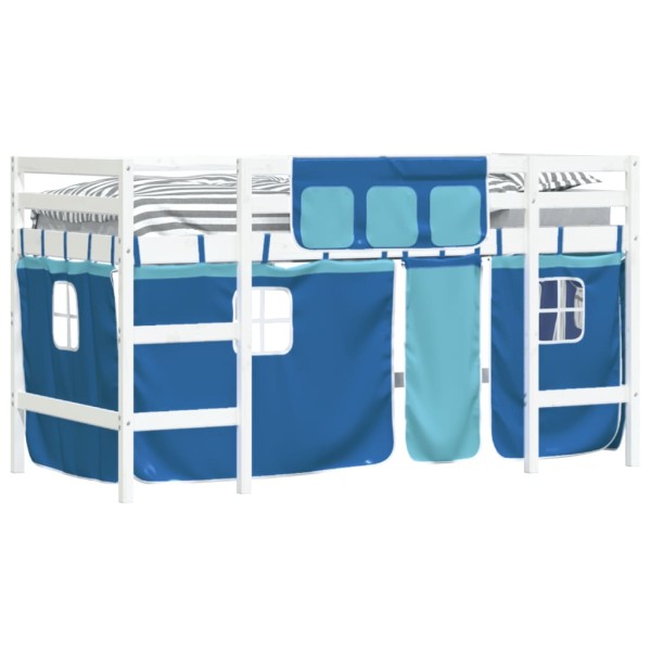 Cama alta para niños con cortinas madera pino azul 90x200 cm