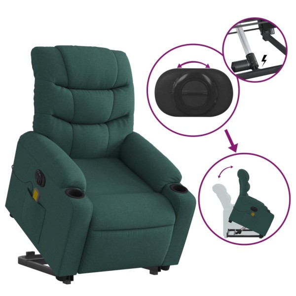 Sillón masaje eléctrico reclinable elevable tela verde oscuro