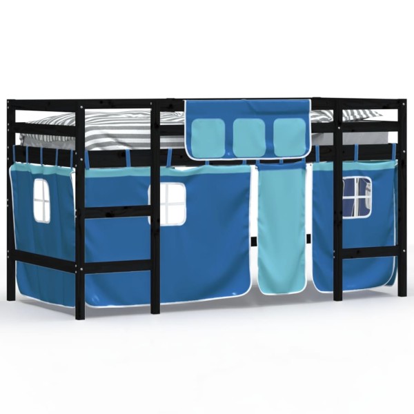 Cama alta para niños con cortinas madera pino azul 90x190 cm