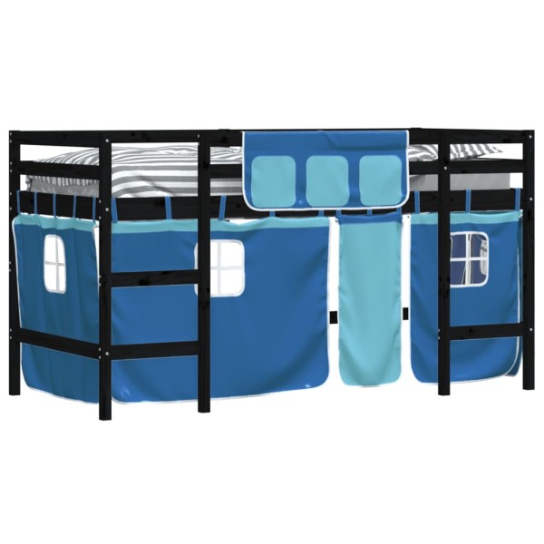 Cama alta para niños con cortinas madera pino azul 90x190 cm