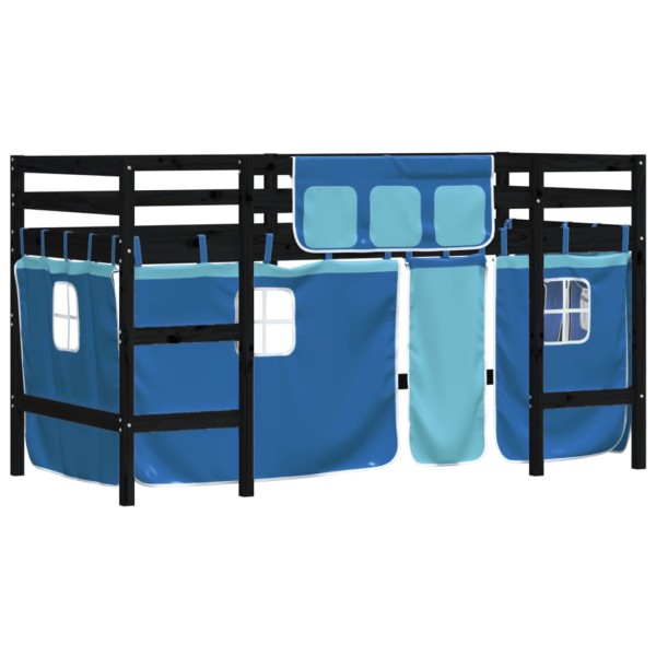 Cama alta para niños con cortinas madera pino azul 90x190 cm