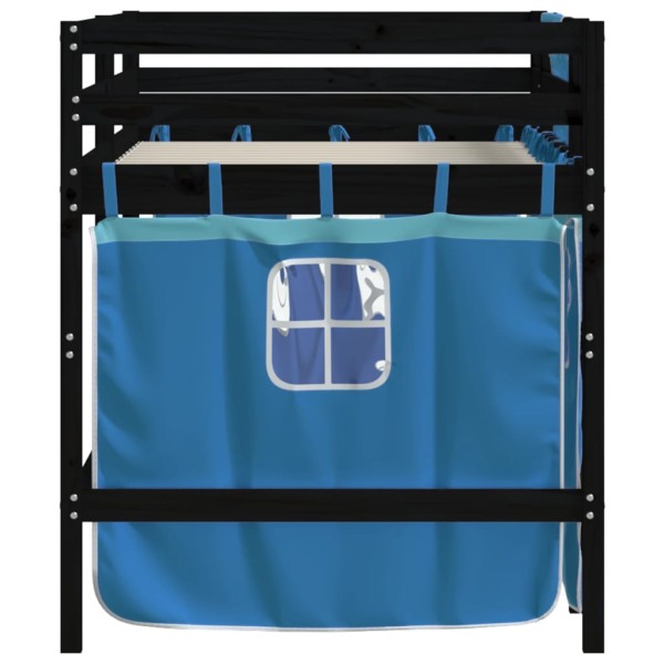 Cama alta para niños con cortinas madera pino azul 90x190 cm