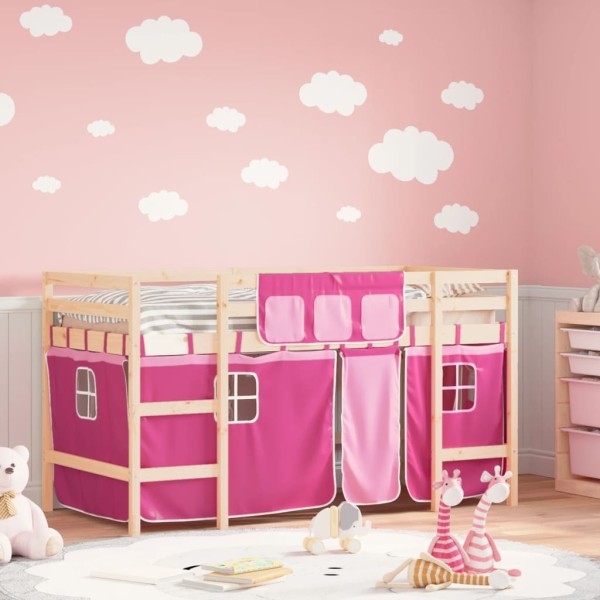 Cama alta para niños con cortinas madera pino rosa 90x190 cm