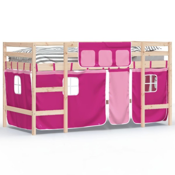 Cama alta para niños con cortinas madera pino rosa 90x190 cm