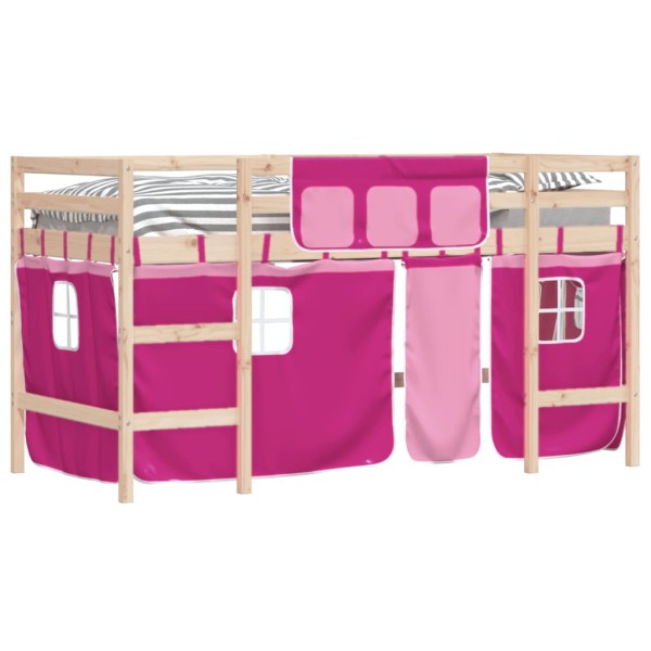 Cama alta para niños con cortinas madera pino rosa 90x190 cm