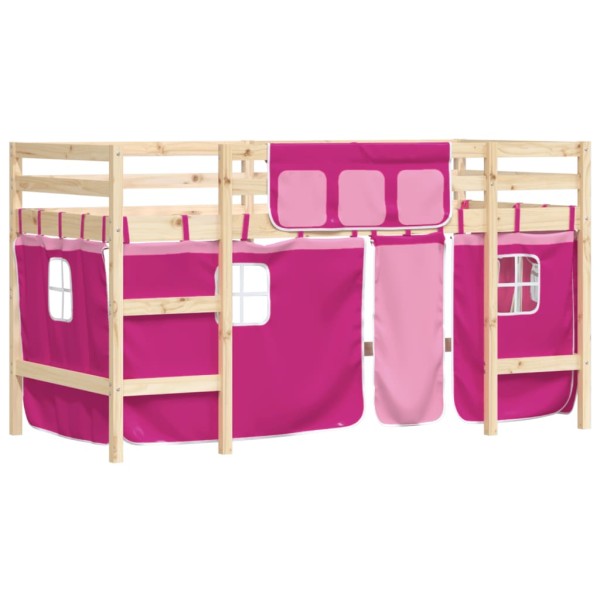 Cama alta para niños con cortinas madera pino rosa 90x190 cm