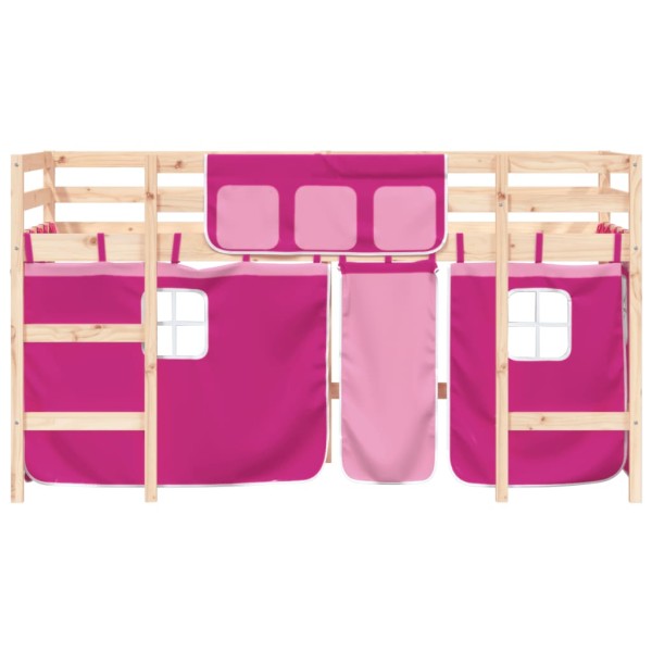 Cama alta para niños con cortinas madera pino rosa 90x190 cm