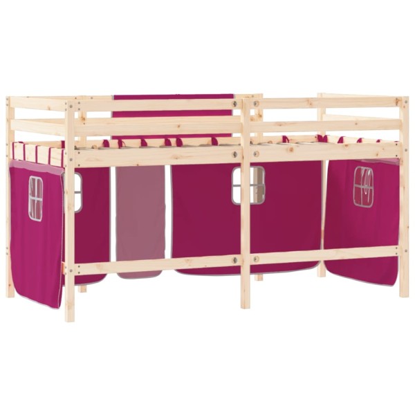 Cama alta para niños con cortinas madera pino rosa 90x190 cm