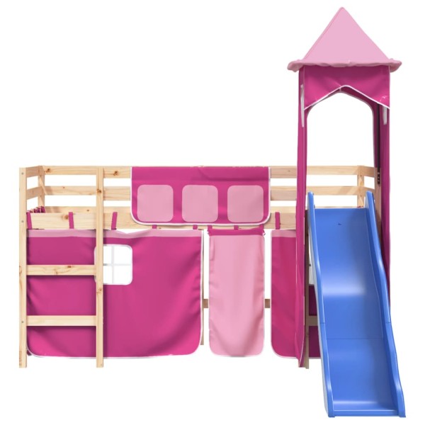 Cama alta para niños con torre madera pino rosa 90x200 cm