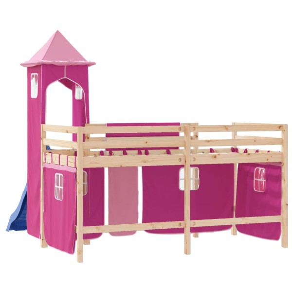 Cama alta para niños con torre madera pino rosa 90x200 cm