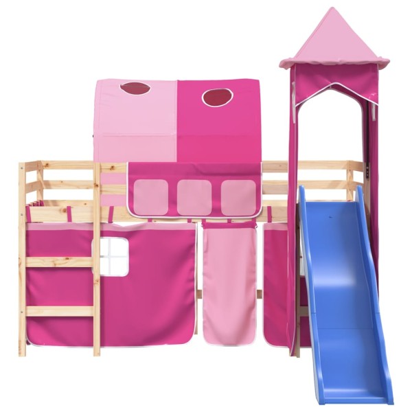 Cama alta para niños con torre madera pino rosa 90x190 cm