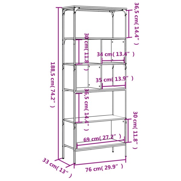 Librería 5 estantes madera ingeniería gris Sonoma 76x33x188,5cm