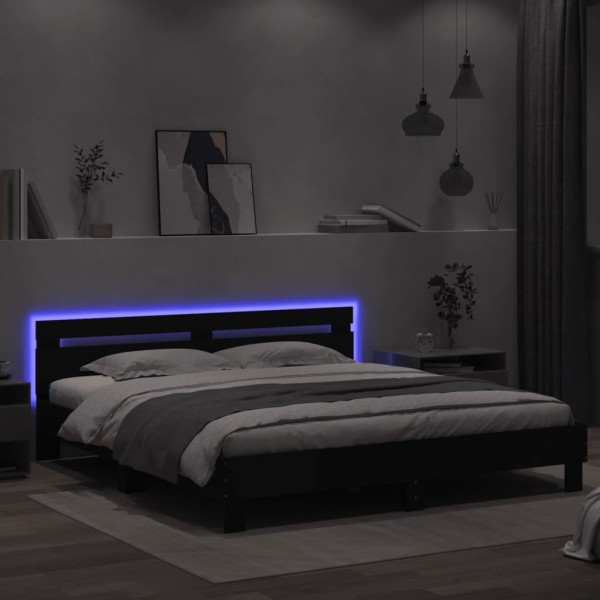 Estructura de cama con cabecero y luces LED negra 200x200 cm