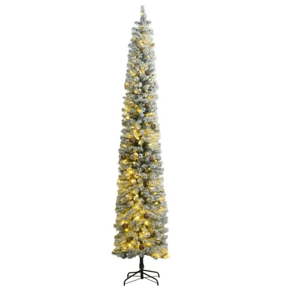 Árbol de Navidad estrecho con 300 LED y bolas y nieve 300 cm