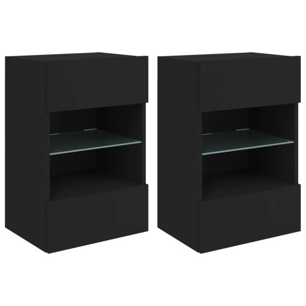 Muebles de TV de pared con luces LED 2 uds negro 40x30x60,5 cm