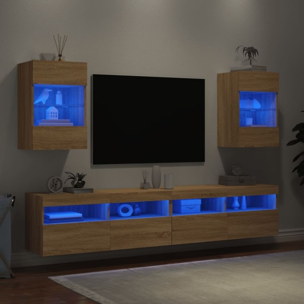 Muebles TV de pared luces LED 2 uds roble Sonoma 40x30x60,5 cm