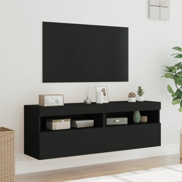 Muebles de TV de pared con luces LED 2 uds negro 60x30x40 cm