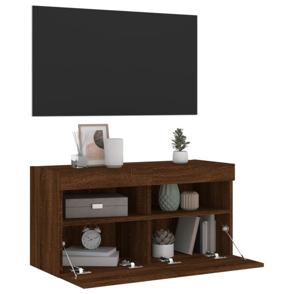 Mueble de TV de pared con luces LED roble marrón 80x30x40 cm