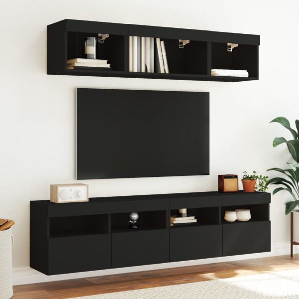 Muebles de TV de pared con luces LED 2 uds negro 80x30x40 cm