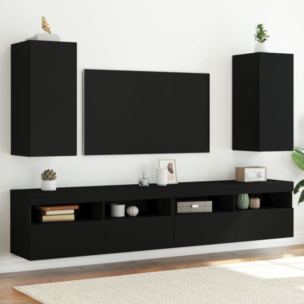 Muebles de TV de pared con luces LED 2 uds negro 30,5x35x70 cm