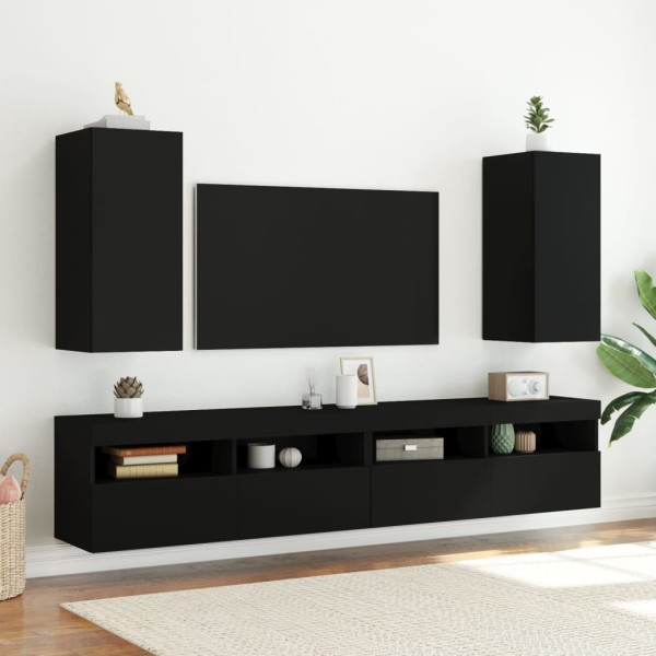 Muebles de TV de pared con luces LED 2 uds negro 30,5x35x70 cm