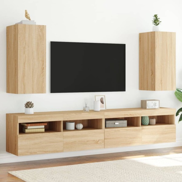 Muebles de TV pared luces LED 2 uds roble Sonoma 30,5x35x70 cm