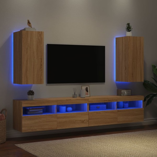 Muebles de TV pared luces LED 2 uds roble Sonoma 30,5x35x70 cm