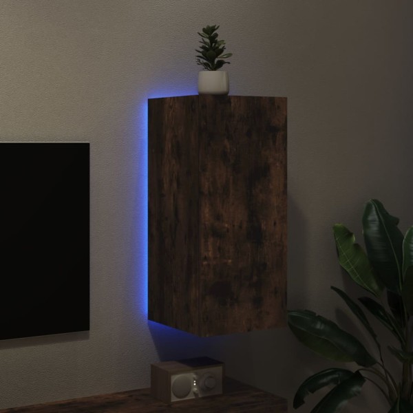 Mueble de TV de pared con luces LED roble ahumado 30,5x35x70 cm