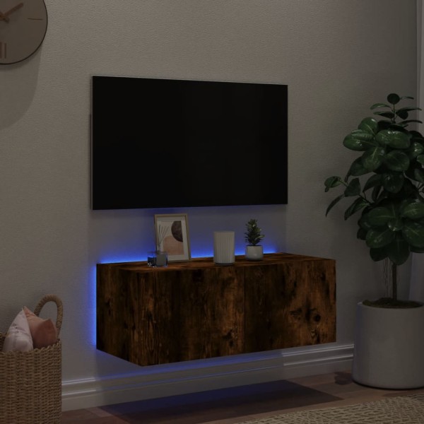 Mueble de TV de pared con luces LED roble ahumado 80x35x31 cm