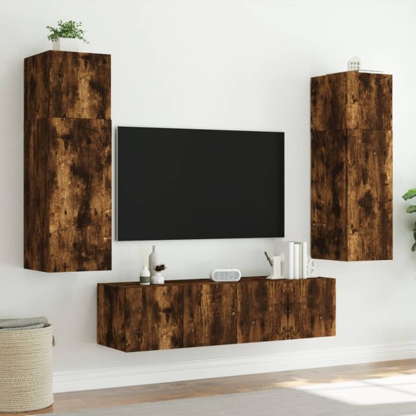 Mueble de TV de pared con luces LED roble ahumado 80x35x31 cm