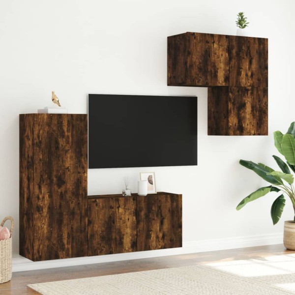 Muebles de TV de pared 4 pzas madera ingeniería roble ahumado