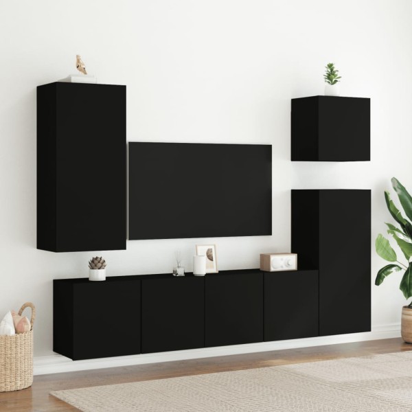 Muebles de TV de pared 5 piezas madera de ingeniería negro