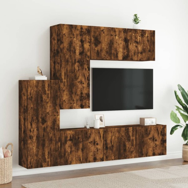 Muebles de TV de pared 5 pzas madera ingeniería roble ahumado