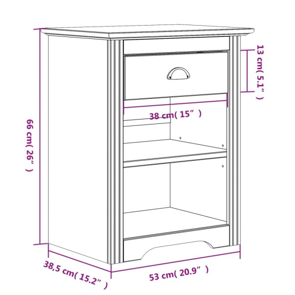 Mesita de noche BODO madera maciza de pino marrón 53x38,5x66 cm