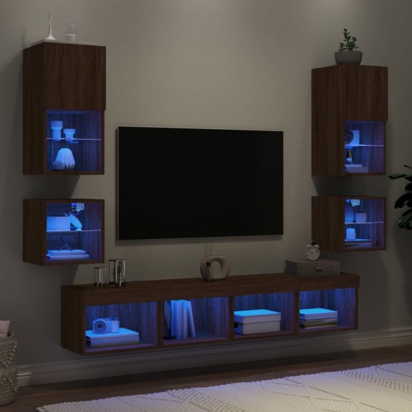 Muebles TV pared con LED 8 pzas madera ingeniería marrón roble